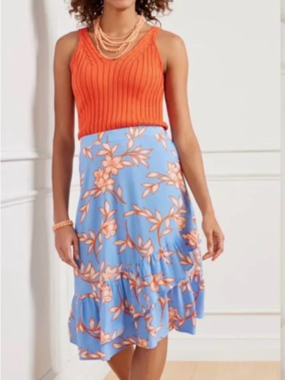 Talbots Tiered Midi Skirt Flowing Hibiscus Floral Blue & Orange Women's Size M